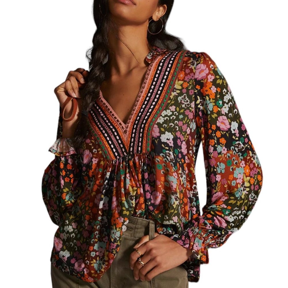 Blink London Anthropologie Stephanie Top, Brown Floral, Small